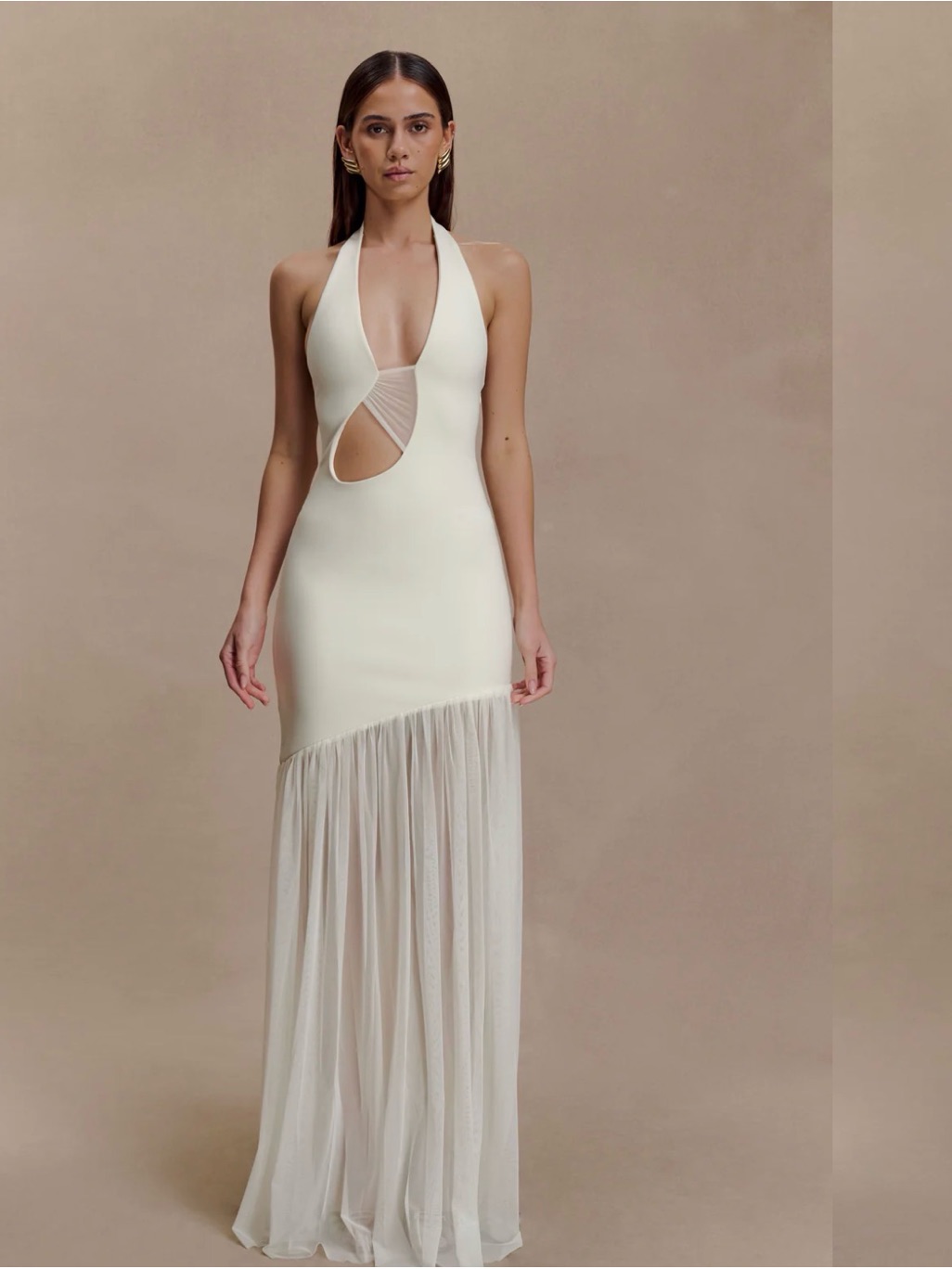 Halter Cutout Maxi Dress In Cream With Sheer Skirt